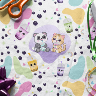 Papel De Seda Kawaii Panda y Tiger Bubble Tea Kids Cumpleaños