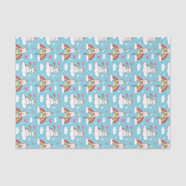 Papel De Seda Kawaii Patrón de Unicornio Gato Arcoíris Día de Sa (Anverso)