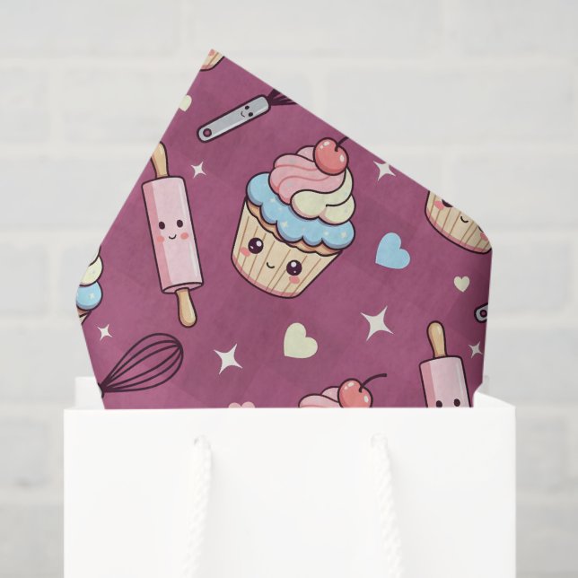 Papel De Seda Kawaii Pink Purple Cupcake Pink Checkered (Bolsa de regalo)