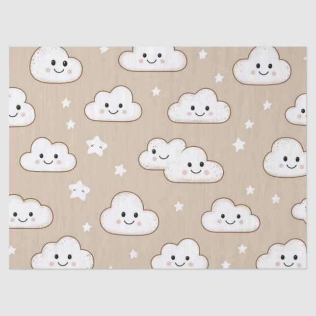 Papel De Seda  Kawaii Smiling Clouds & Stars on Beige (Anverso)