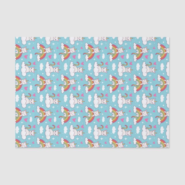 Papel De Seda Kawaii Unicornio Gato Patrón Arcoíris Día de San V (Anverso)