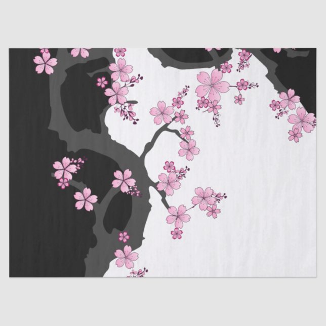 Papel De Seda Kimono japonés Sakura negro y rosa blanco (Anverso)