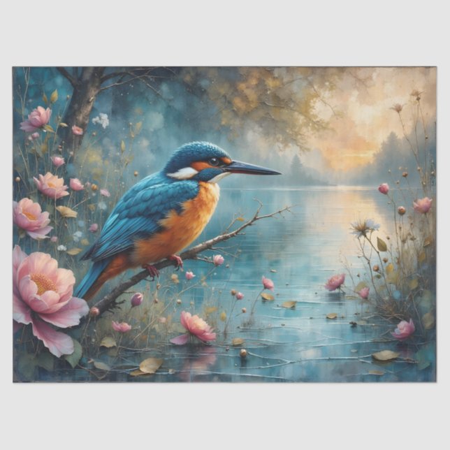 Papel De Seda Kingfisher perched over water pink flowers (Anverso)