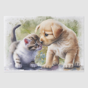 Papel De Seda Kitten Puppy Mejor Amigo Floral Watercolor