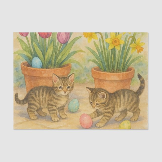 Papel De Seda Kittens Playing with Easter Eggs  (Anverso)