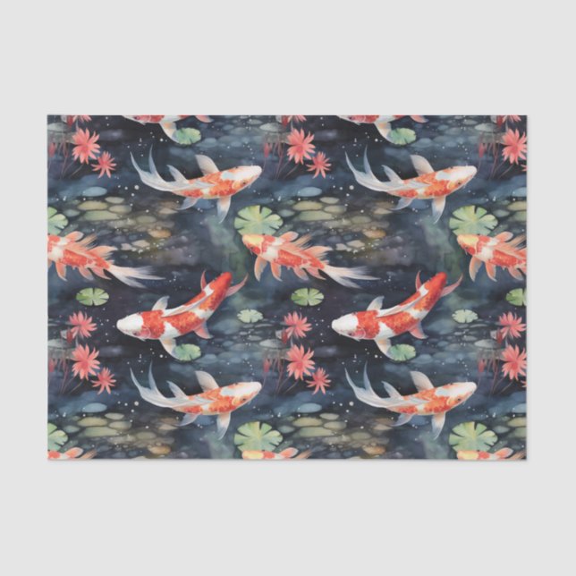 Papel De Seda Koi Fish Dark Pond Floral Decoupage (Anverso)