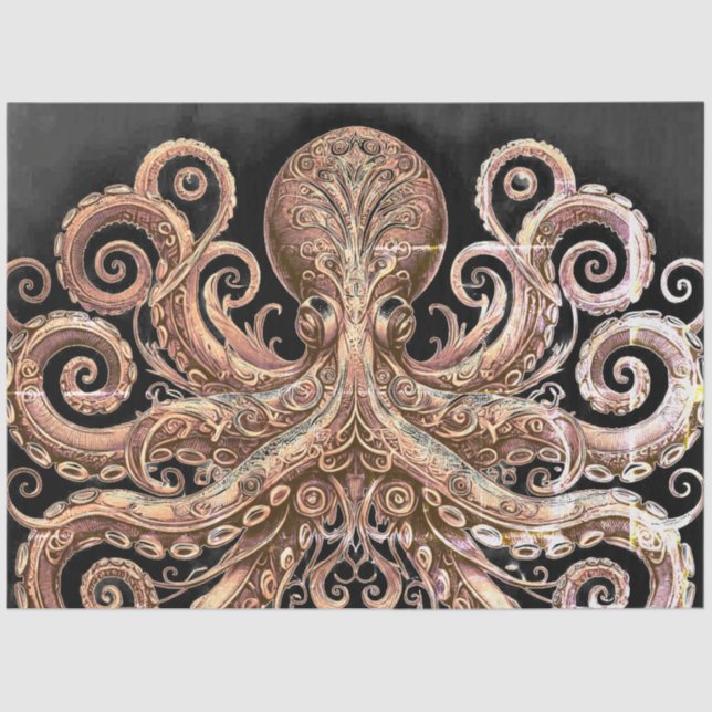 Papel De Seda Kraken Steampunk Octopus Ornate Gold Black (Anverso)