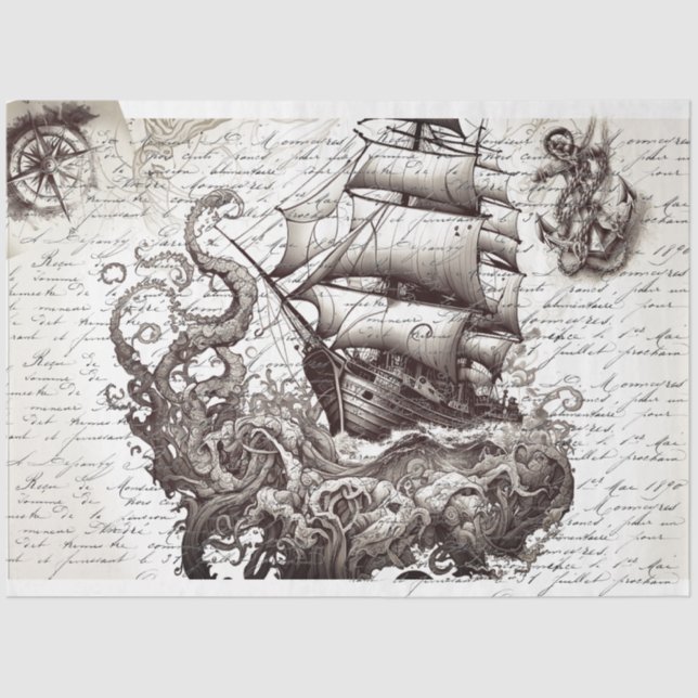 Papel De Seda Kraken vs pirate ship nautical theme (Anverso)