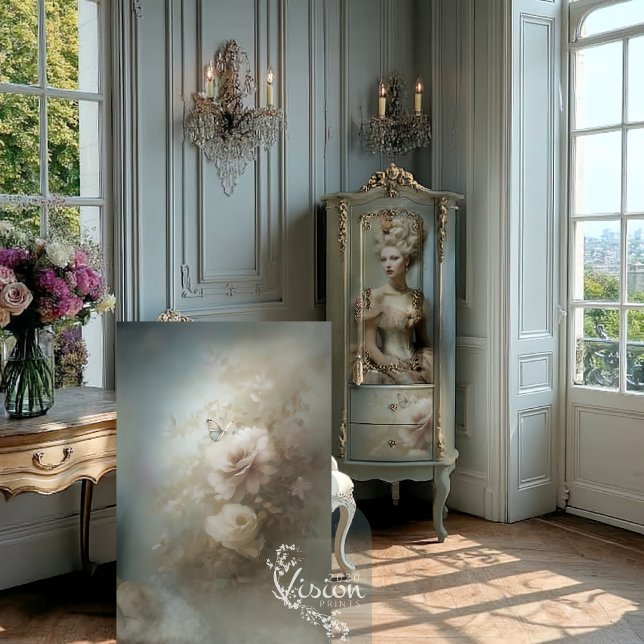 Papel De Seda La Dalfina Crema Rosa Mariposa Neblina (Cream floral panel displayed in bright French room beside silver chair
)