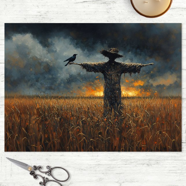 Papel De Seda La decoupage del reloj del espantapájaros (Decoupage tissue paper sheet with a scarecrow in a corn field with a crow perched on its arm.)