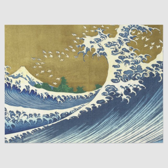 Papel De Seda La gran ola (arte japonés azul y oro, Hokusai) (Anverso)