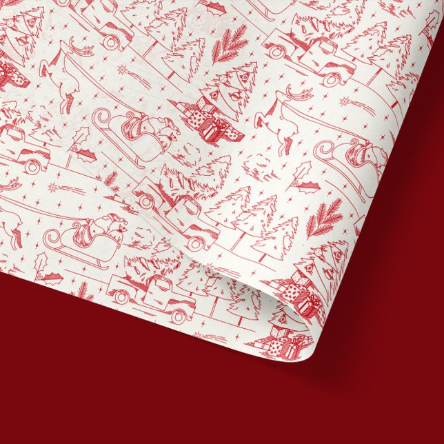 Papel De Seda La tela roja de los Navidades modernos de Jouy (red toile de jouy illustrations of santa claus and other christmas tree scenery in tissue paper)