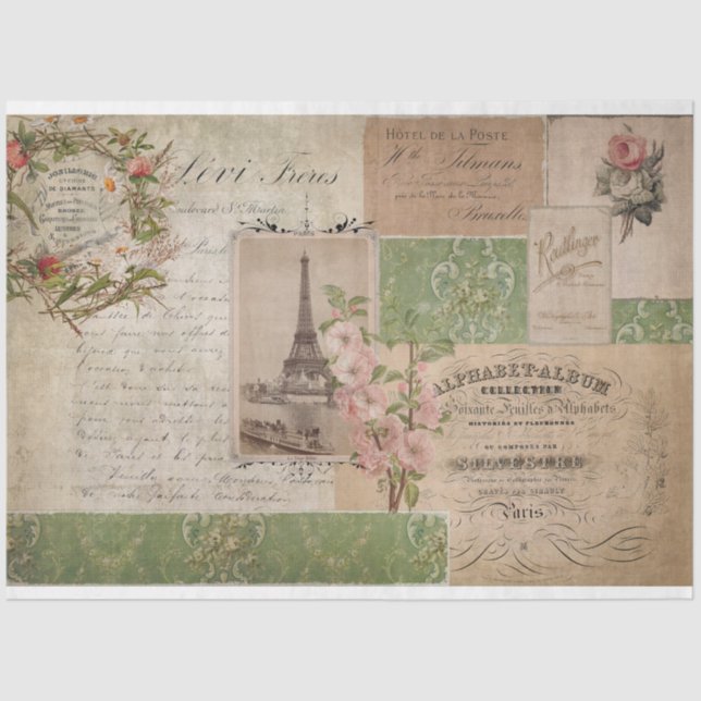 Papel De Seda La Torre Eiffel Floral Ephemera de estilo francés  (Anverso)