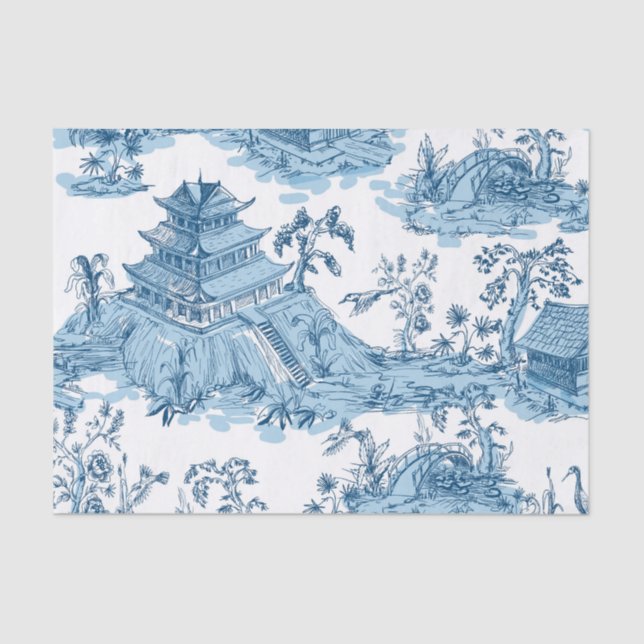 Papel De Seda La Vieja Pagoda Azul y Blanca Chinoiserie (Anverso)