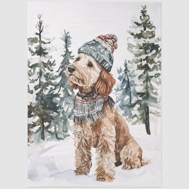 Papel De Seda Labradoodle de invierno en sombrero y bufanda Deco (Anverso)