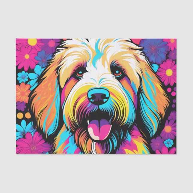 Papel De Seda Labradoodle Pop Art Dog Con Flores (Anverso)
