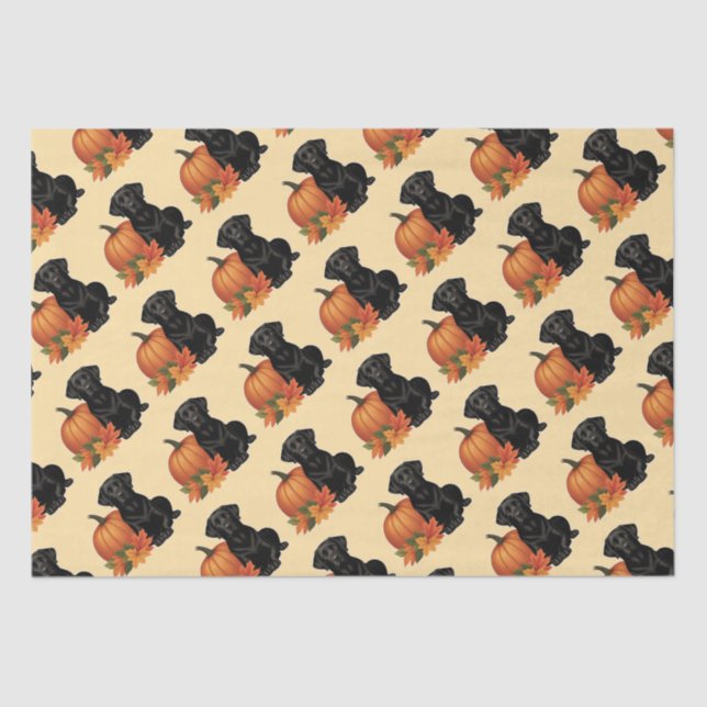 Papel De Seda Labrador negro con hojas de otoño y calabaza (Anverso)