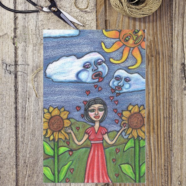 Papel De Seda Lady Clouds Sunflower Sun Hearts (Clouds raining red hearts over woman  sunflowers sun with face on tissue paper.)