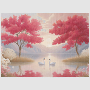 Papel De Seda Lago de cisnes románticos Decoupage de árboles en