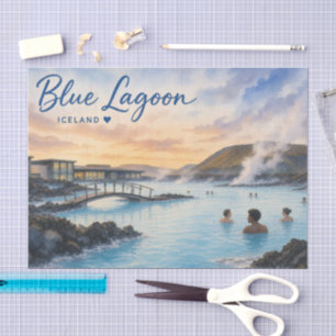 Papel De Seda Laguna Azul Islandia baño termal acuarela 