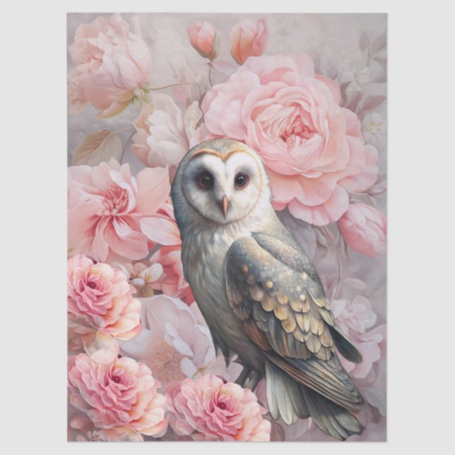 Papel De Seda Large Ethereal Pink Florals & White Owl Decoupage (Anverso)