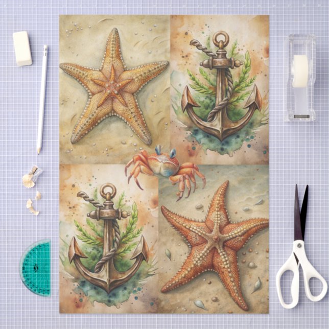 Papel De Seda Large Scenic Starfish, Anchors & Crab Decoupage (Artesanía)
