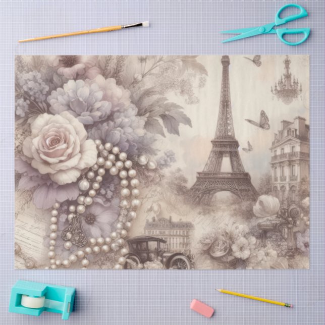 Papel De Seda Lavanda Francesa Romántica, Eifel y Perlas Decoupa (Artesanía)