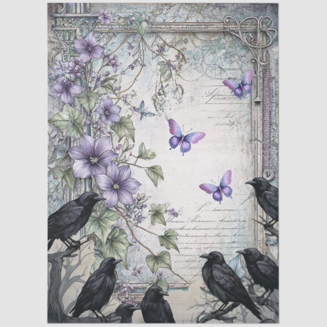 Papel De Seda Lavender Floral Butterflies & Raven Decoupage (Anverso)