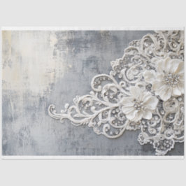 Papel De Seda Lazo floral blanco barnizado Patina plateada