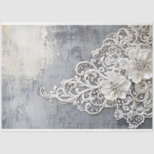 Papel De Seda Lazo floral blanco barnizado Patina plateada