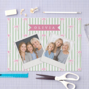 Papel De Seda Lazo Rosa Personalizado con Raya Verde Coquette Pr
