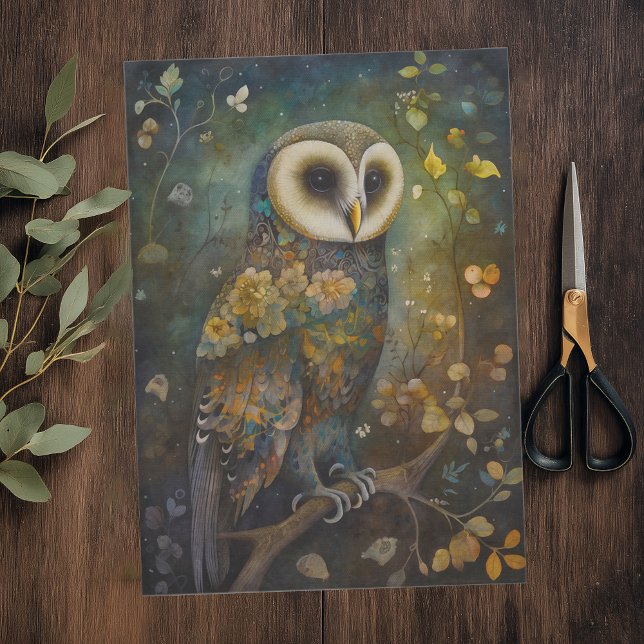 Papel De Seda Lechuza floral decorativa (Elegant Woodland Owl Whole Page Tissue Paper)
