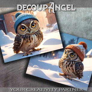Papel De Seda Lechuzas Adorables en Nieve de Invierno - Decoupag