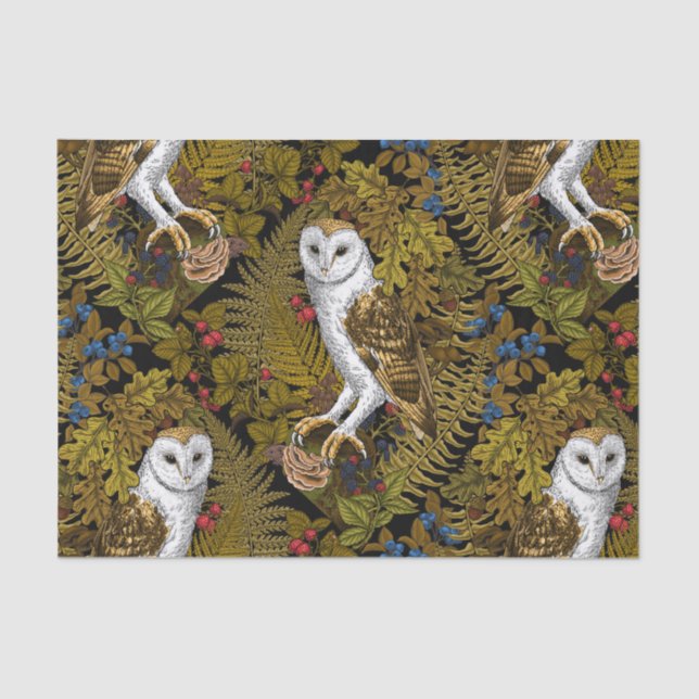 Papel De Seda Lechuzas, helechos, roble y bayas 2 (Anverso)