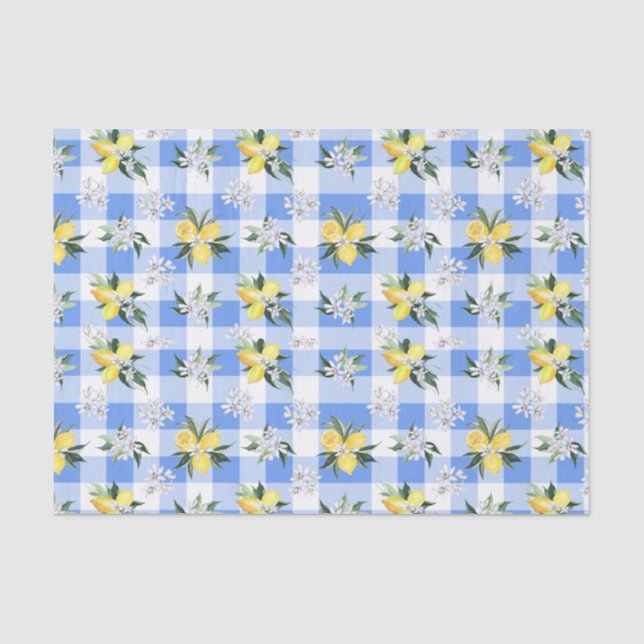 Papel De Seda Lemon Blossom Blue Gingham Tissue Paper (Anverso)