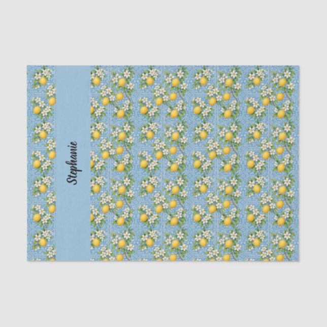 Papel De Seda Lemon Citrus Blue Tile Pattern Monogram Name (Anverso)