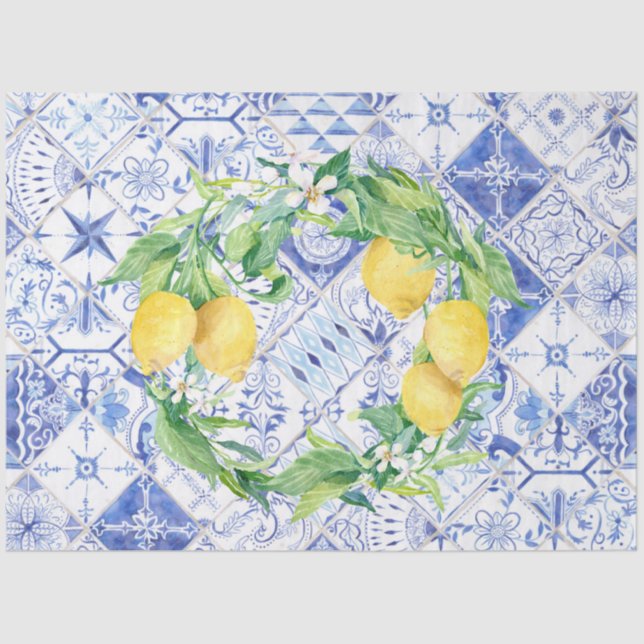 Papel De Seda Lemons Blue White Rustic Farmhouse Tile Decoupage (Anverso)