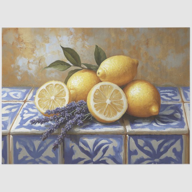 Papel De Seda Lemons y Lavender Blue Tile Still Life (Anverso)