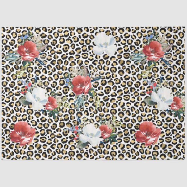 Papel De Seda Leopardo dorado Imprimir Floral Blanco Rojo (Anverso)