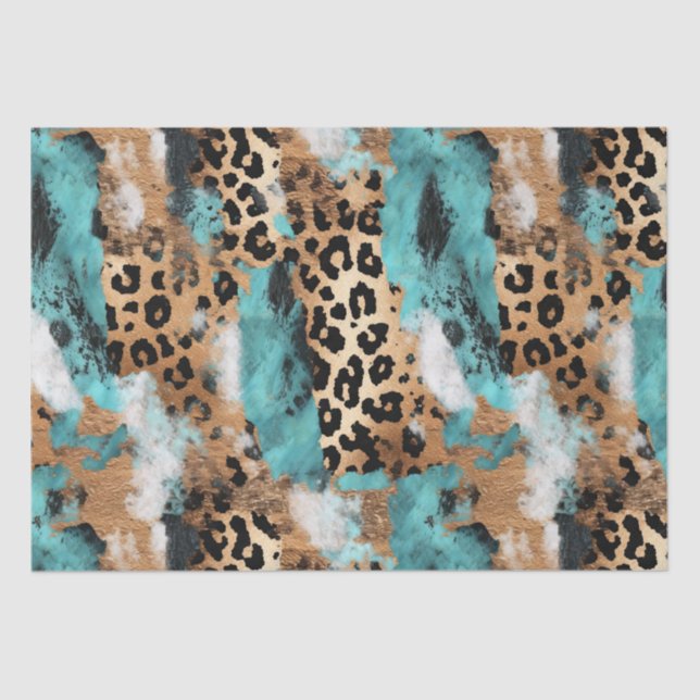 Papel De Seda Leopardo negro de oro turquesa (Anverso)
