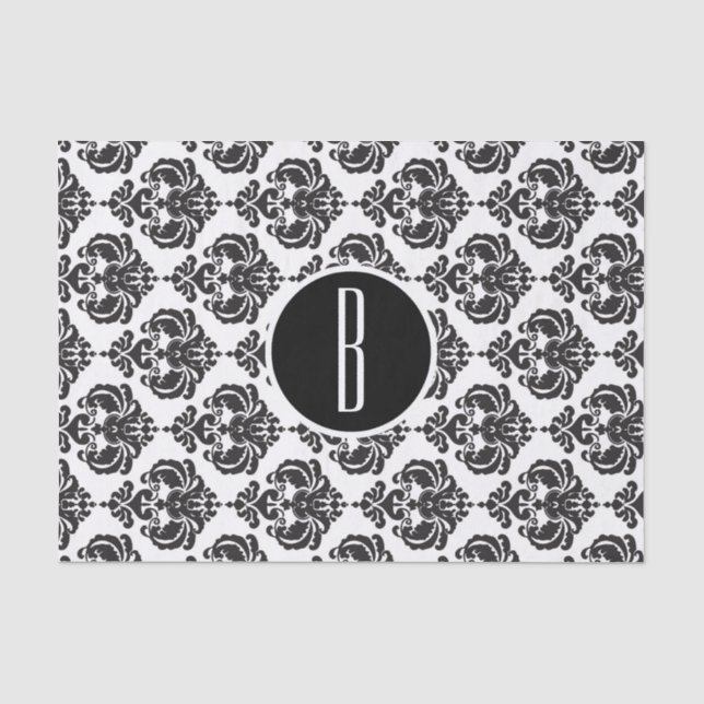 Papel De Seda Letra Inicial Monograma Damask Glam Blanco Negro (Anverso)
