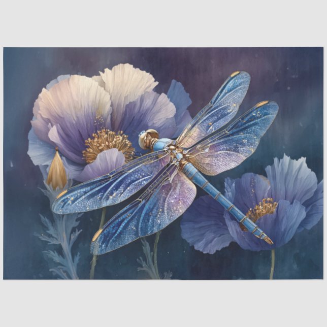 Papel De Seda Libélula Azul con Decoupage de Alas Doradas (Anverso)