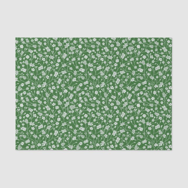 Papel De Seda Libro verde con flores blancas muy pequeñas (Anverso)