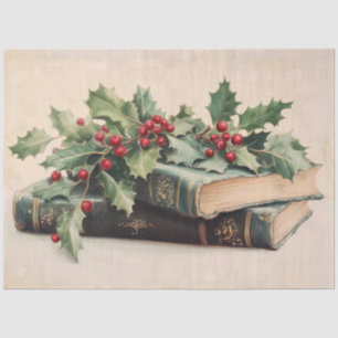 Papel De Seda LIBROS ANTIGUOS CON BAYAS DE ACEBO Navidad Vintage