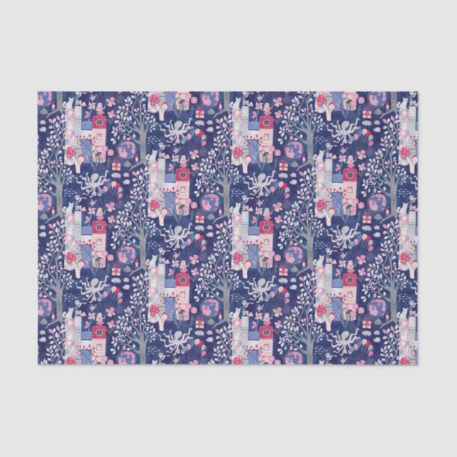 Papel De Seda Libros de cuento de hadas y criaturas mágicas azul (Anverso)