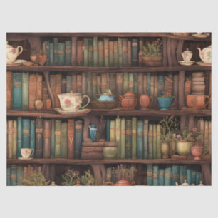 Papel De Seda Libros, tetera y plantas en estantes