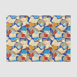 Papel De Seda Libros y gatos en azul