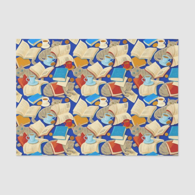 Papel De Seda Libros y gatos en azul (Anverso)