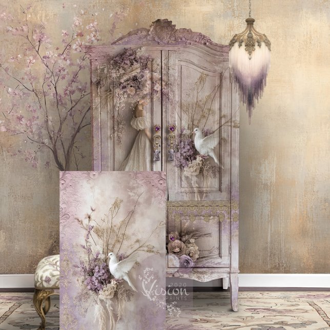 Papel De Seda Lilac Blooms Dove & Romántico Floral Rústica (Lilac Blooms, Rustic Romance, Bird & Floral, White Dove, Decoupage Tissue Paper.)