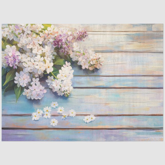 Papel De Seda Lilas y margaritas sobre madera pastel (Anverso)